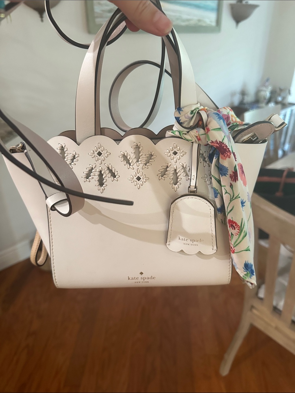 kate spade white scalloped tote with floral scarf